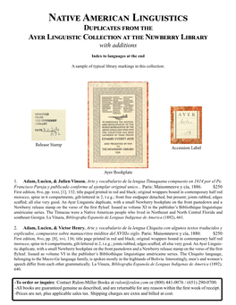 Native American Linguistics Duplicates from the Ayer Linguistic Collection at the Newberry Library with Additions