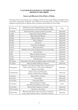 Calendar of Liturgical Celebrations Proper to the Order