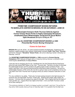 Primetime Championship Boxing Returns to Barclays Center in Brooklyn on Saturday, June 25