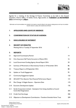 Agenda for a Meeting of the Strategy & Finance Committee to Be Held In