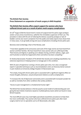 The British Pain Society Press Statement on Suspension of Mesh Surgery in NHS Hospitals