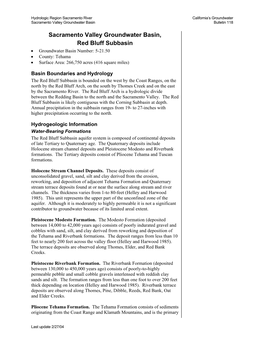 Sacramento Valley Groundwater Basin, Red Bluff Subbasin • Groundwater Basin Number: 5-21.50 • County: Tehama • Surface Area: 266,750 Acres (416 Square Miles)