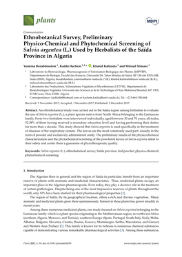 Ethnobotanical Survey, Preliminary Physico-Chemical and Phytochemical Screening of Salvia Argentea (L.) Used by Herbalists of the Saïda Province in Algeria