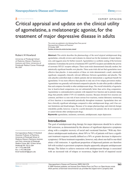 Critical Appraisal and Update on the Clinical Utility of Agomelatine, a Melatonergic Agonist, for the Treatment of Major Depressive Disease in Adults