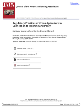 Regulatory Practices of Urban Agriculture: a Connection to Planning and Policy