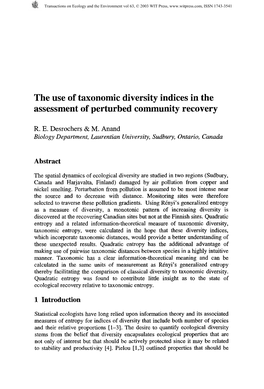 The Use of Taxonomic Diversity Indices in the Assessment of Perturbed Community Recovery