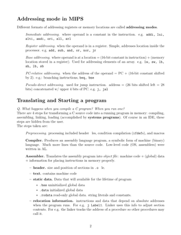 Addressing Mode in MIPS Translating and Starting a Program