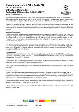 Manchester United FC V Celtic FC MATCH PRESS KIT Old Trafford, Manchester Wednesday, 13 September 2006 - 20:45CET Group F - Matchday 1