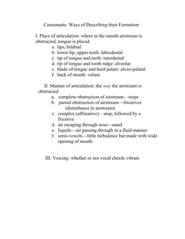 Consonants: Ways of Describing Their Formation