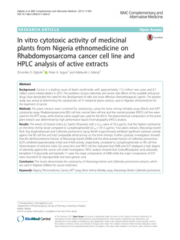 In Vitro Cytotoxic Activity of Medicinal Plants from Nigeria Ethnomedicine on Rhabdomyosarcoma Cancer Cell Line and HPLC Analysis of Active Extracts Omonike O