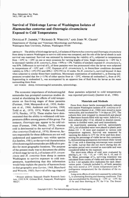 Survival of Third-Stage Larvae of Washington Isolates of Haemonchus Contortus and Ostertagia Circumcincta Exposed to Cold Temperatures