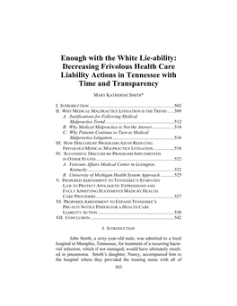 Decreasing Frivolous Health Care Liability Actions in Tennessee with Time and Transparency