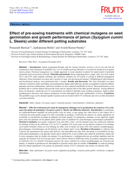 Effect of Pre-Sowing Treatments with Chemical Mutagens on Seed Germination and Growth Performance of Jamun (Syzygium Cumini L