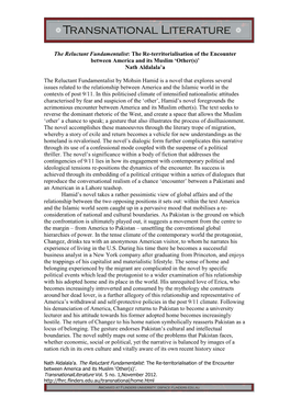 The Reluctant Fundamentalist: the Re-Territorialisation of the Encounter Between America and Its Muslim ‘Other(S)’ Nath Aldalala’A