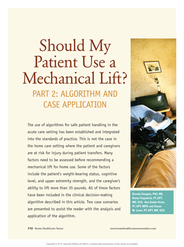 Should My Patient Use a Mechanical Lift? PART 2: ALGORITHM and CASE APPLICATION