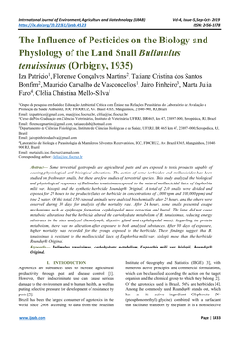 The Influence of Pesticides on the Biology and Physiology of the Land