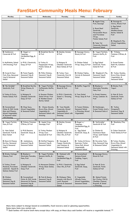 Farestart Community Meals Menu: February