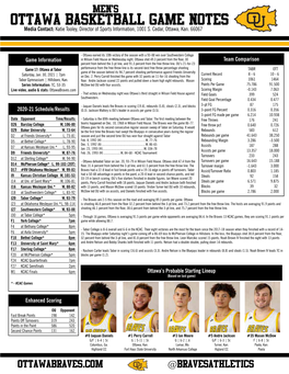 OTTAWA BASKETBALL GAME NOTES Media Contact: Katie Tooley, Director of Sports Information, 1001 S