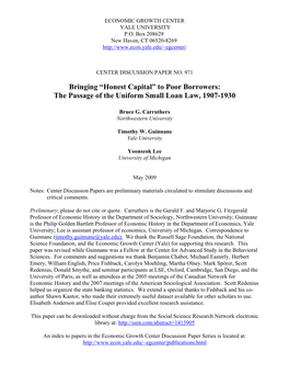 To Poor Borrowers: the Passage of the Uniform Small Loan Law, 1907-1930