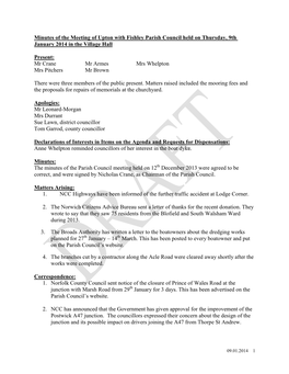 Minutes of the Meeting of Upton with Fishley Parish Council Held on Thursday, 9Th January 2014 in the Village Hall