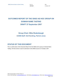 OUTCOMES REPORT of the GNSO AD HOC GROUP on DOMAIN NAME TASTING DRAFT 27 September 2007