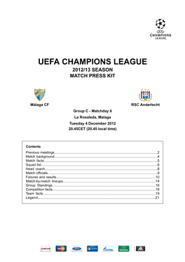 Uefa Champions League 2012/13 Season Match Press Kit