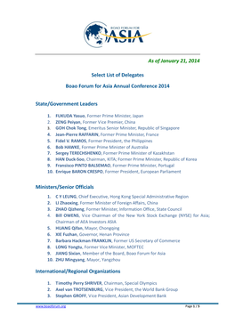 As of January 21, 2014 Select List of Delegates Boao Forum for Asia Annual Conference 2014 State/Government Leaders Ministers/Se