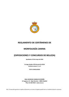 Reglamento De Certámenes De Morfología Canina (Exposiciones Y Concursos) Aprobado En La Reunión Del Comité De Dirección De La R.S.C.E