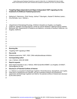 Targeting Hippo-Dependent and Hippo-Independent YAP1 Signaling for the 2 Treatment of Childhood Rhabdomyosarcoma 3
