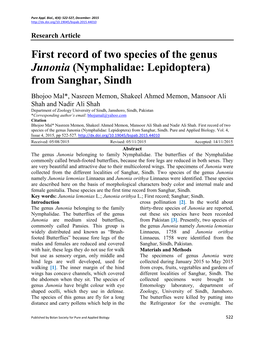 First Record of Two Species of the Genus Junonia (Nymphalidae: Lepidoptera) from Sanghar, Sindh