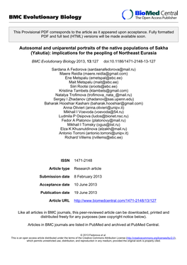 Autosomal and Uniparental Portraits of the Native Populations of Sakha (Yakutia): Implications for the Peopling of Northeast Eurasia