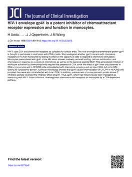 HIV-1 Envelope Gp41 Is a Potent Inhibitor of Chemoattractant Receptor Expression and Function in Monocytes