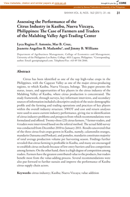 Assessing the Performance of the Citrus Industry in Kasibu, Nueva Vizcaya, Philippines: the Case of Farmers and Traders of the Malabing Valley Agri-Trading Center