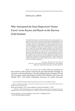 Who Anticipated the Great Depression? Gustav Cassel Versus Keynes and Hayek on the Interwar Gold Standard