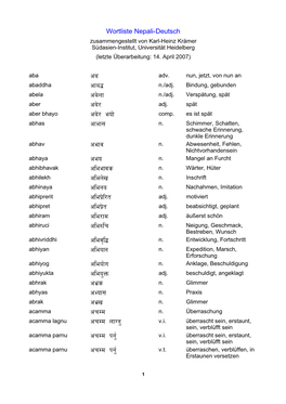Wortliste Nepali-Deutsch Zusammengestellt Von Karl-Heinz Krämer Südasien-Institut, Universität Heidelberg (Letzte Überarbeitung: 14