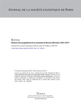 Histoire De La Population De La Commune De Bessan (Hérault) (1851-1937) Journal De La Société Statistique De Paris, Tome 87 (1946), P