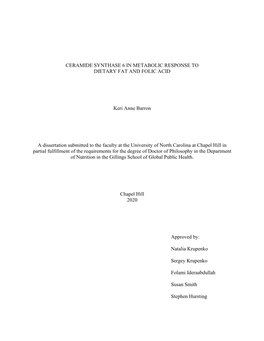 Ceramide Synthase 6 in Metabolic Response to Dietary Fat and Folic Acid