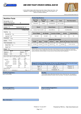 GMI CINN TOAST CRUNCH CEREAL BAR 96 Nutrition Facts