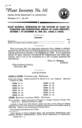 ^Plant Inventory No. 141 UNITED STATES DEPARTMENT of AGRICULTURE Washington, D