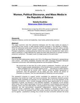 Women, Political Discourse, and Mass Media in the Republic of Belarus