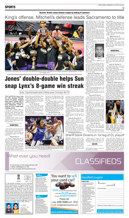 Jones' Double-Double Helps Sun Snap Lynx's 8-Game Win Streak