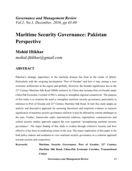 Maritime Security Governance: Pakistan Perspective