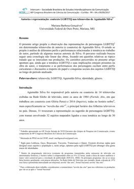 Autoria E Representação: Contexto LGBTTQ Nas Telenovelas De Aguinaldo Silva1