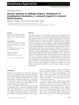 Genetic Analysis of Cabbage Loopers, Trichoplusia Ni (Lepidoptera: Noctuidae), a Seasonal Migrant in Western North America Michelle T