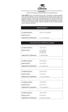 AVIS PUBLIC Vente D'immeubles Pour Défaut De Paiement De L