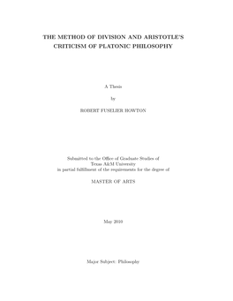 The Method of Division and Aristotle's Criticism of Platonic Philosophy