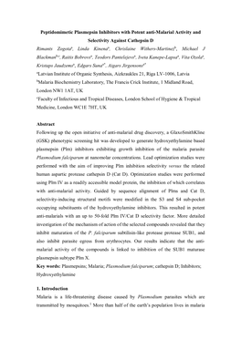 Peptidomimetic Plasmepsin Inhibitors with Potent Anti-Malarial Activity