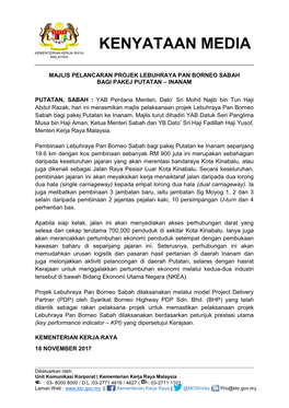 KENYATAAN MEDIA- Majlis Pelancaran Projek Lebuhraya Pan