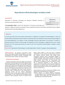Reproductive Biotechnologies in Indian Cattle. Vet Sci Res 2018, 3(1)