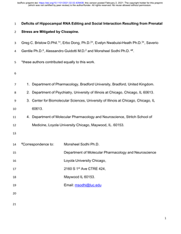 Deficits of Hippocampal RNA Editing and Social Interaction Resulting from Prenatal Stress Are Mitigated by Clozapine